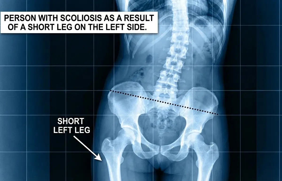 Simple rear‑view diagram of a human body showing a short left leg, the pelvis tilted lower on the left side, and an arrow and label indicating “Short Left Leg.”