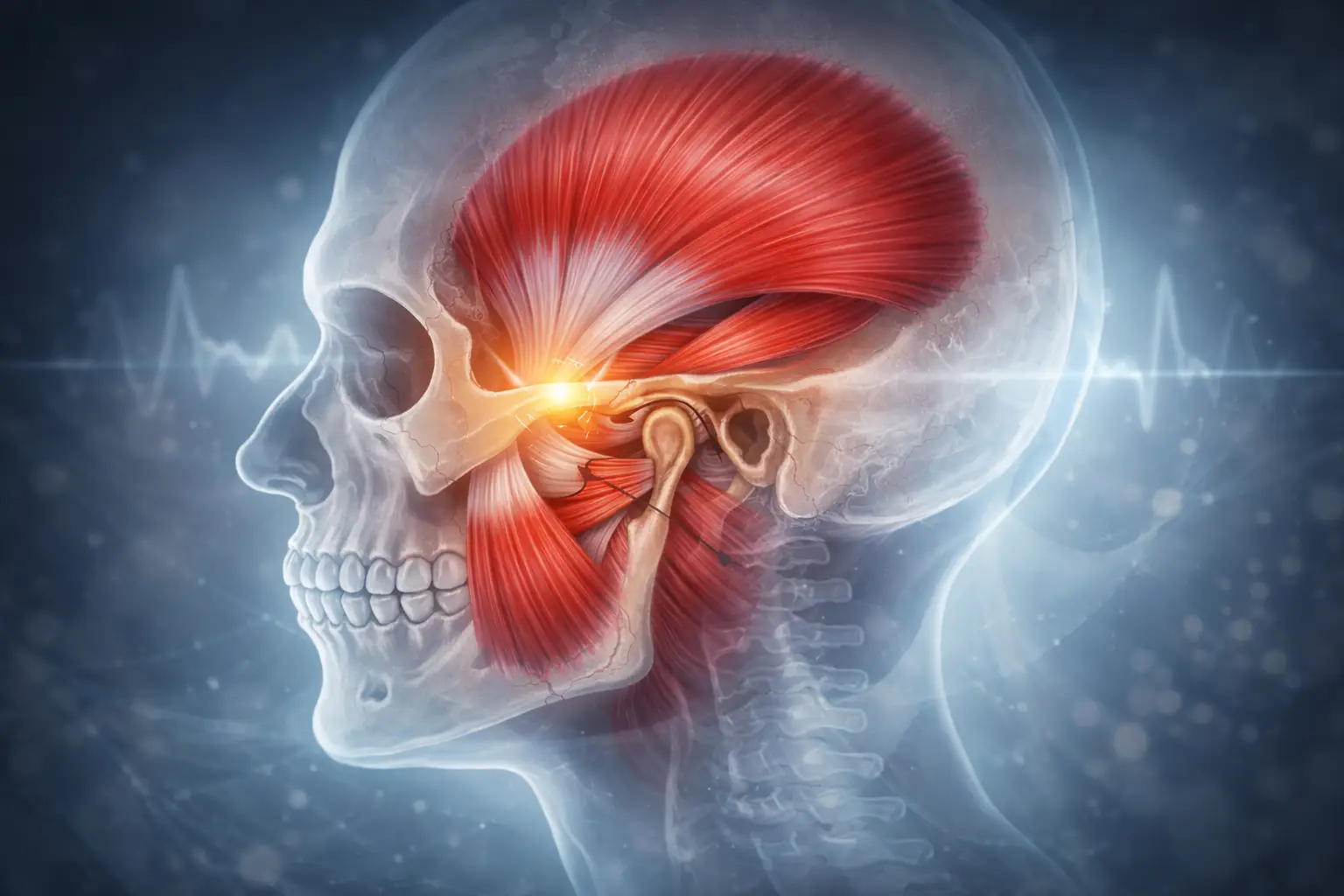 natomy of the jaw showing the masseter, temporalis, and pterygoid muscles involved in TMJ disorders.