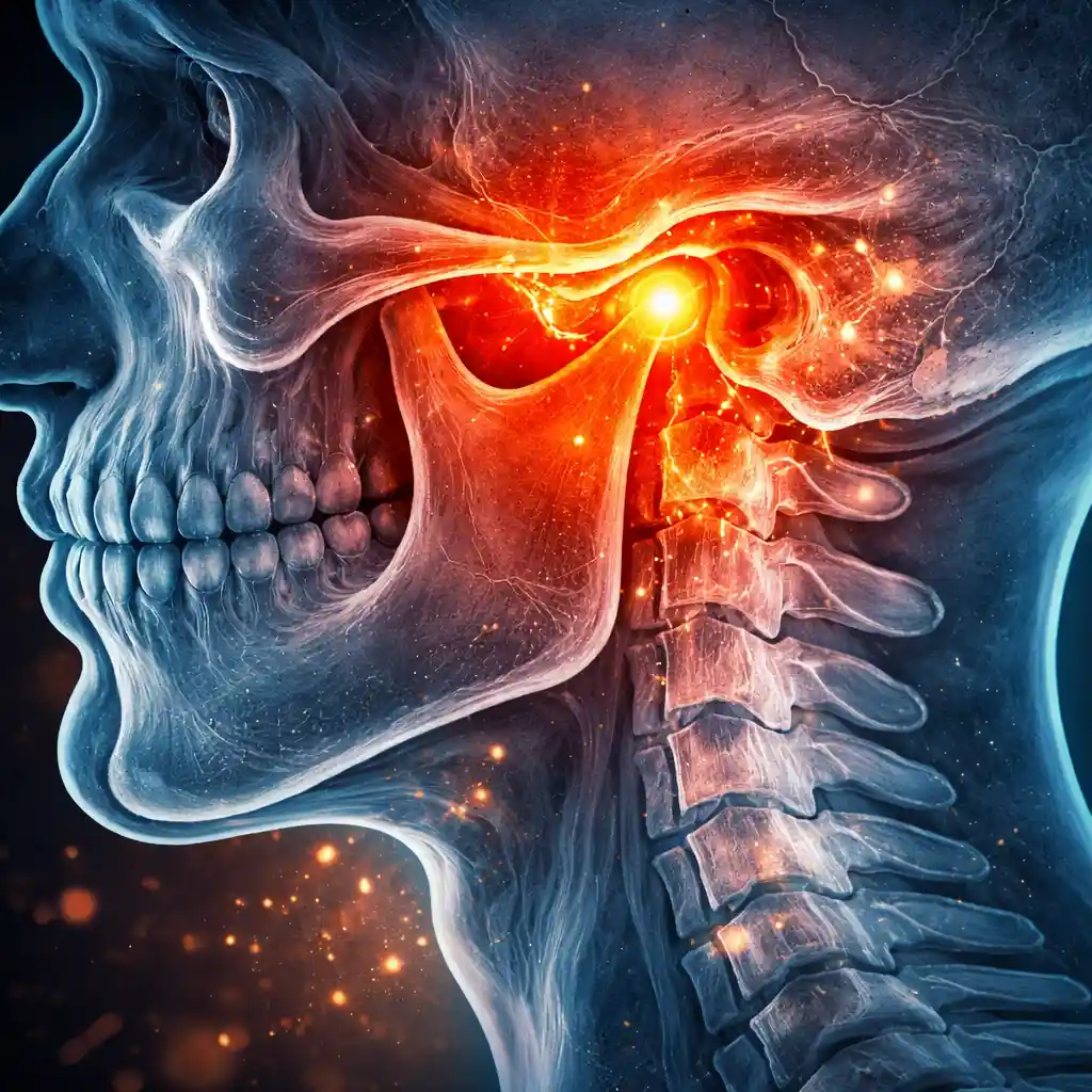 Medical illustration of temporomandibular joint (TMJ) inflammation showing jaw pain, joint compression, and cervical spine involvement