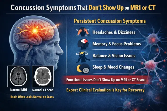 Concussion symptoms that do not show on MRI or CT including headaches, dizziness, memory problems, balance issues, and sleep changes explained by a Toronto concussion chiropractor.